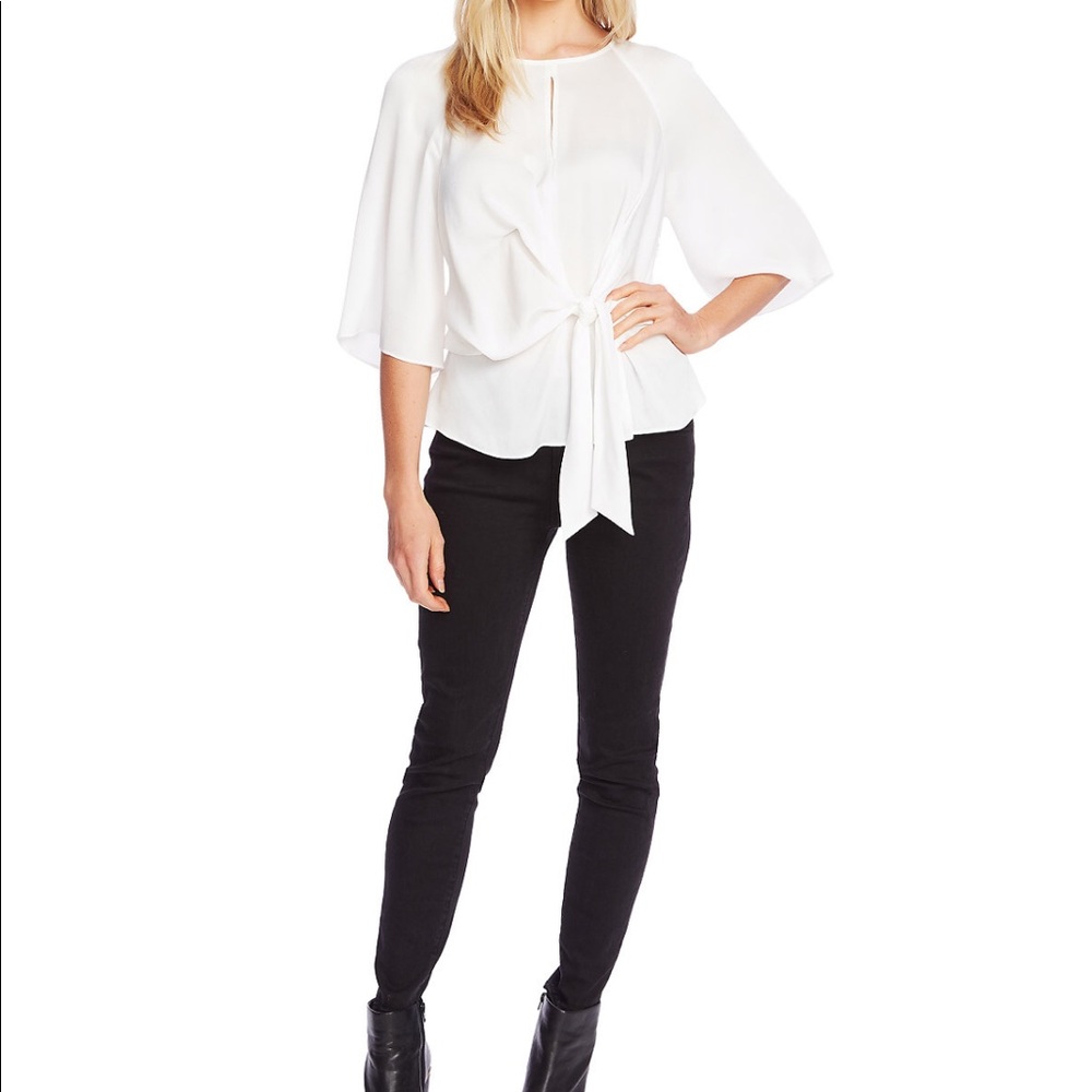 VINCE CAMUTO Tie-Front Keyhole Top Black/White Dot - Picture 3 of 8